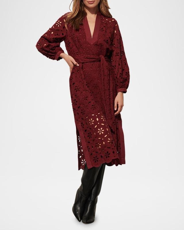 Clove Eyelet-Embroidered Long-Sleeve Belted Midi Dress Product Image