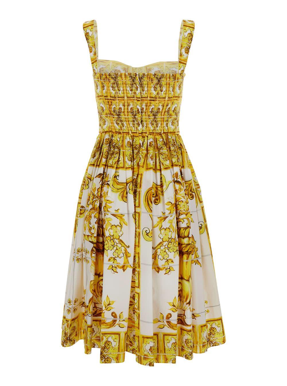 DOLCE & GABBANA Tile-print Pleated Poplin Bustier Dress In Yellow Product Image