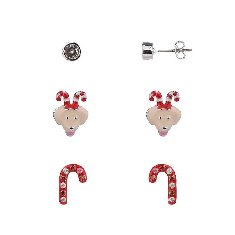 FAO Schwarz Crystal Stone, Reindeer Puppy & Candy Cane Stud Earrings Trio Set, Womens, Silver Tone Red Product Image