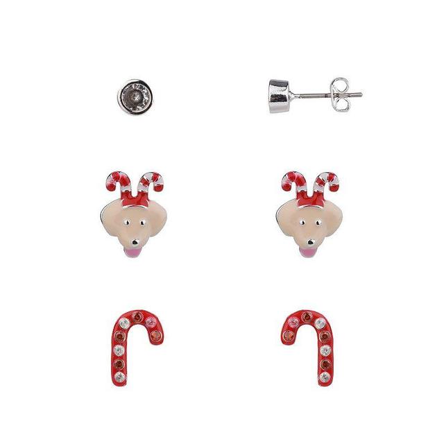 FAO Schwarz Crystal Stone, Reindeer Puppy & Candy Cane Stud Earrings Trio Set, Womens, Silver Tone Red Product Image