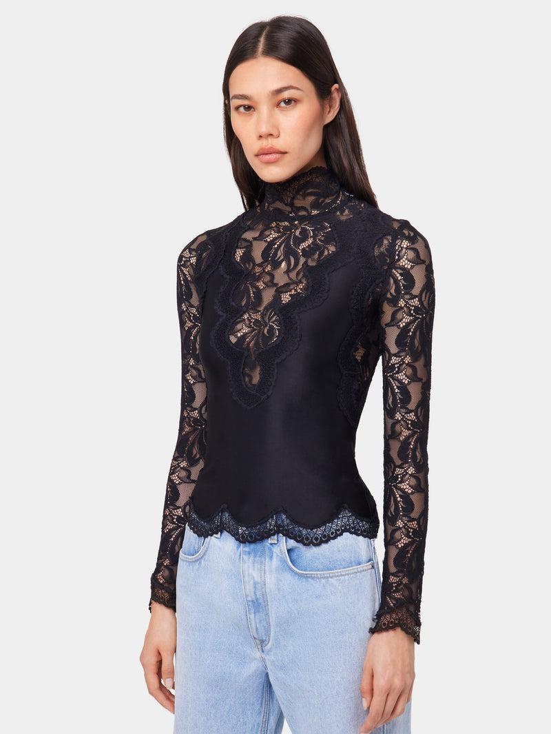 BLACK LONG SLEEVE TOP IN LACE AND JERSEY Product Image