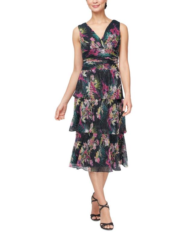 Women's Floral Metallic Tiered Midi Dress Product Image