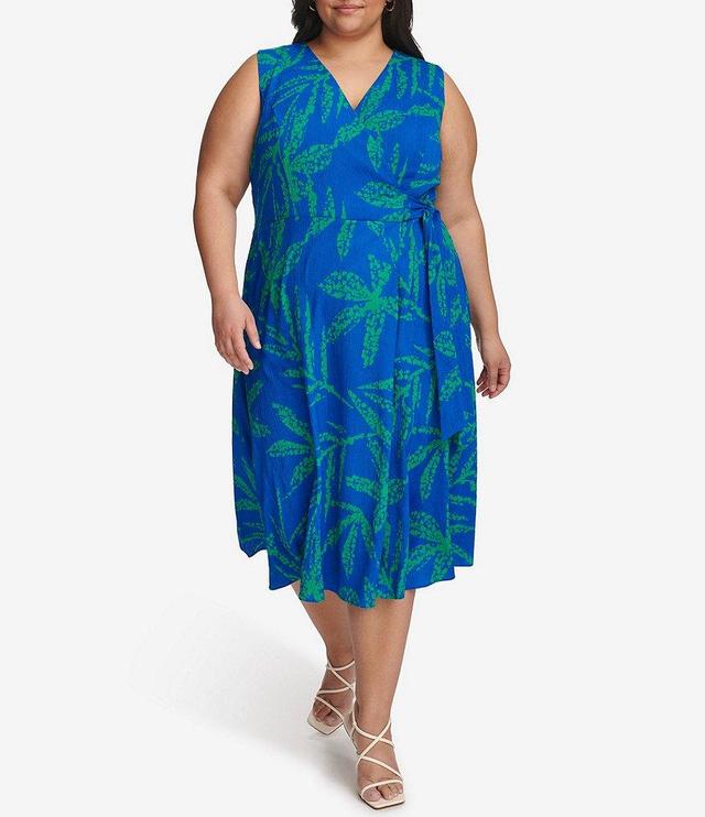 DKNY by Donna Karan Plus Size Sleeveless V-Neck Tie Waist Printed Faux Wrap Midi Dress Product Image