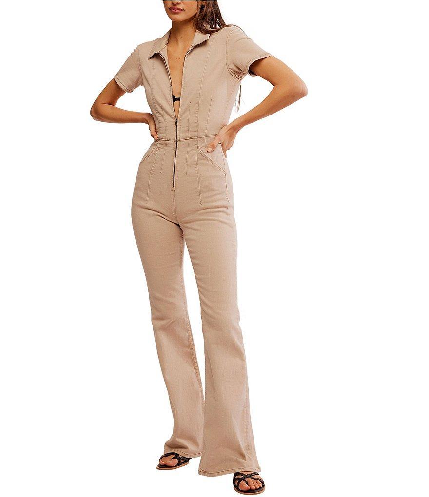 Free People Jayde Point Collar Short Sleeve Flared Leg Flight Suit Product Image