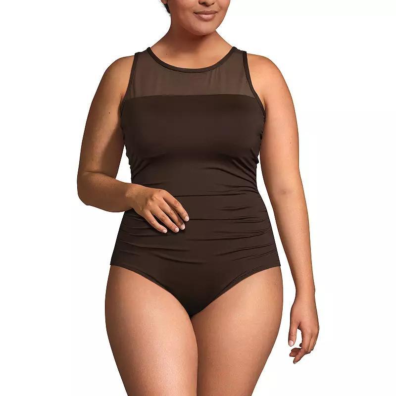 Plus Size Lands End Chlorine Resistant Smoothing Control Mesh High Neck One-Piece Swimsuit, Womens Product Image