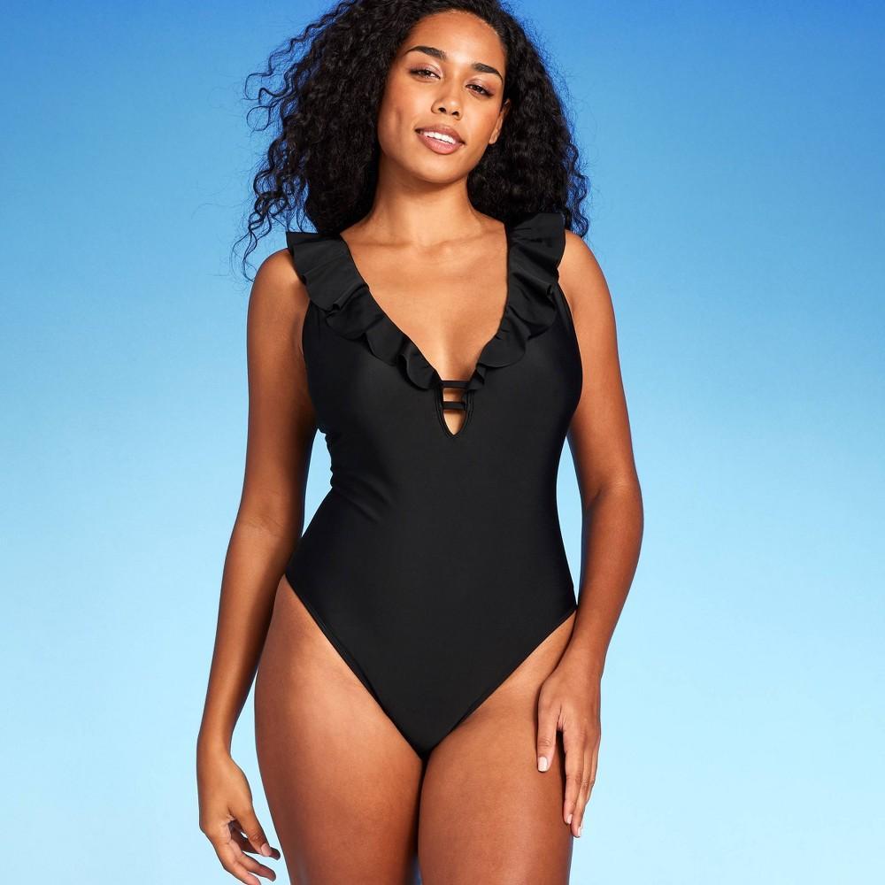 WomensRuffle Plunge One Piece Swimsuit - Shade & Shore Black XL: Cheeky Cut, Adjustable Straps, V-Neck Product Image