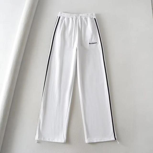 Drawstring Waist Striped Lettering Embroidered Wide Leg Sweatpants Product Image