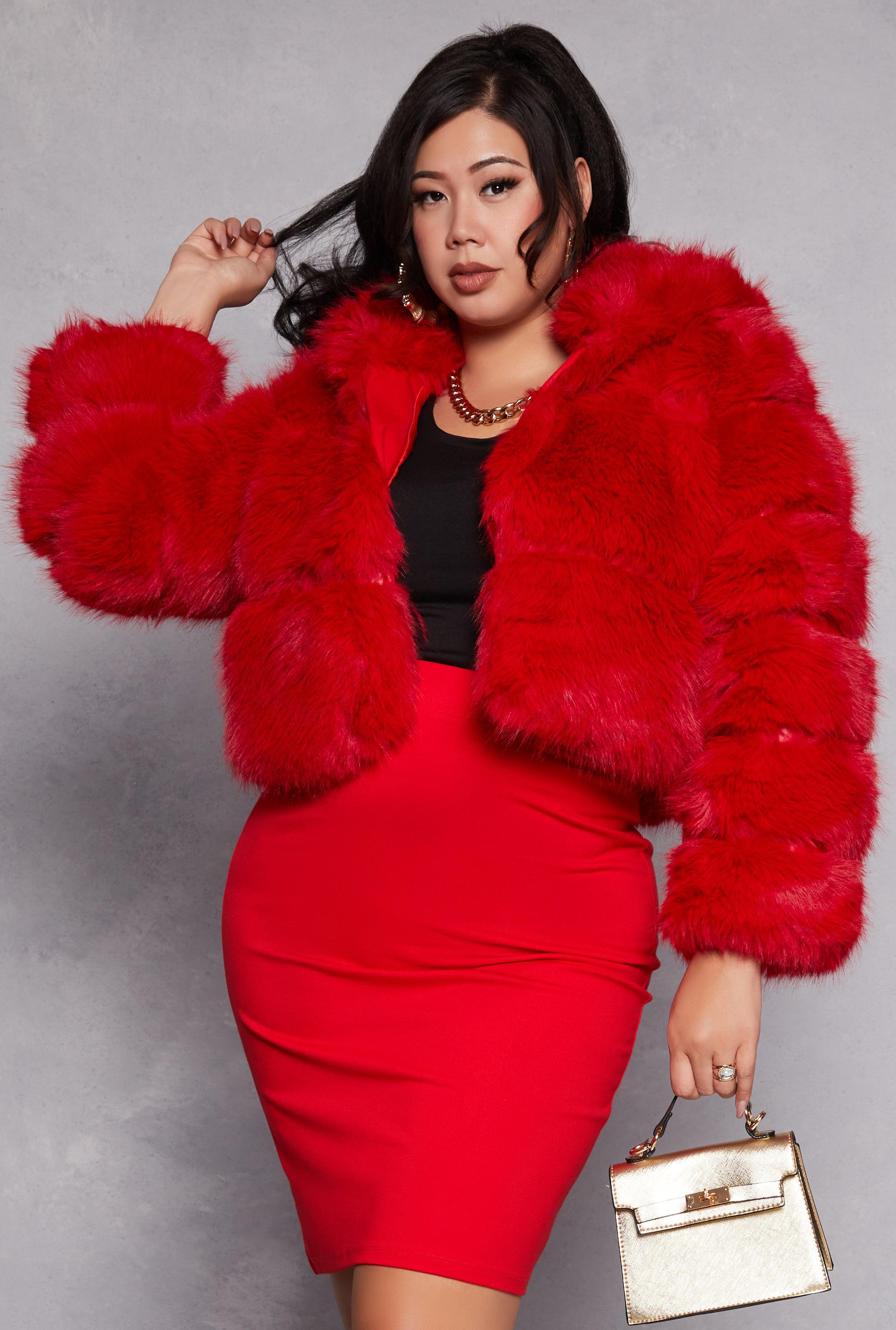 Womens Plus Size Faux Fur Hooded Cropped Jacket Product Image