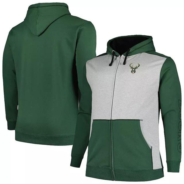 Mens Fanatics Branded Hunter Green/Heather Gray Milwaukee Bucks Big & Tall Contrast Pieced Stitched Full-Zip Hoodie Product Image