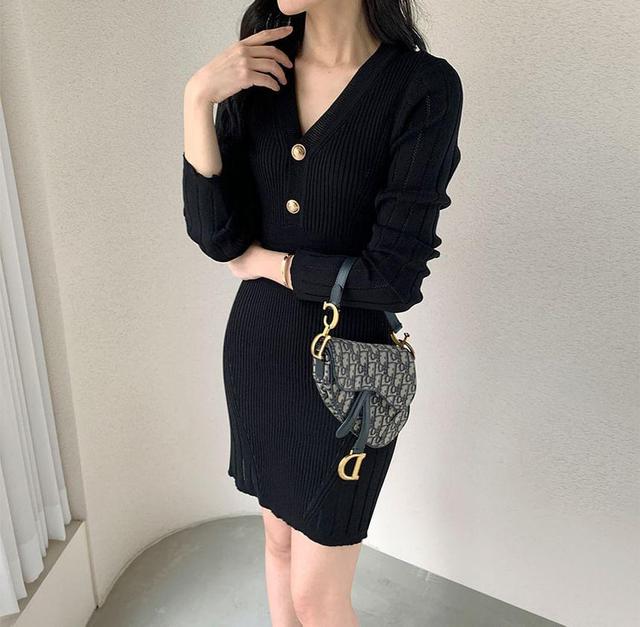 Long-Sleeve V-Neck Plain Pointelle Mini Sheath Knit Dress Product Image