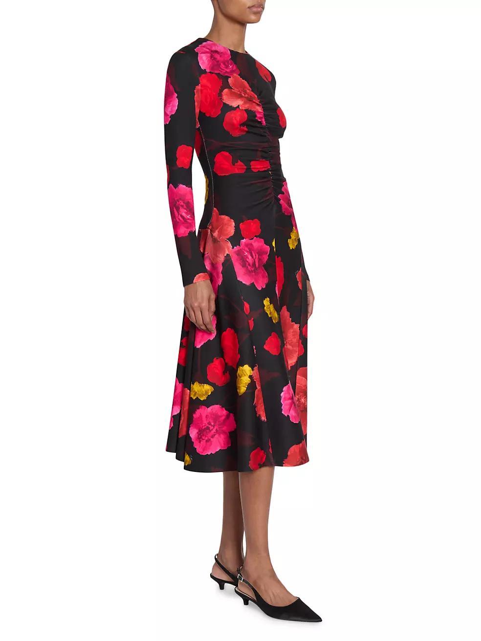 Floral Ruched Long-Sleeve Midi-Dress Product Image