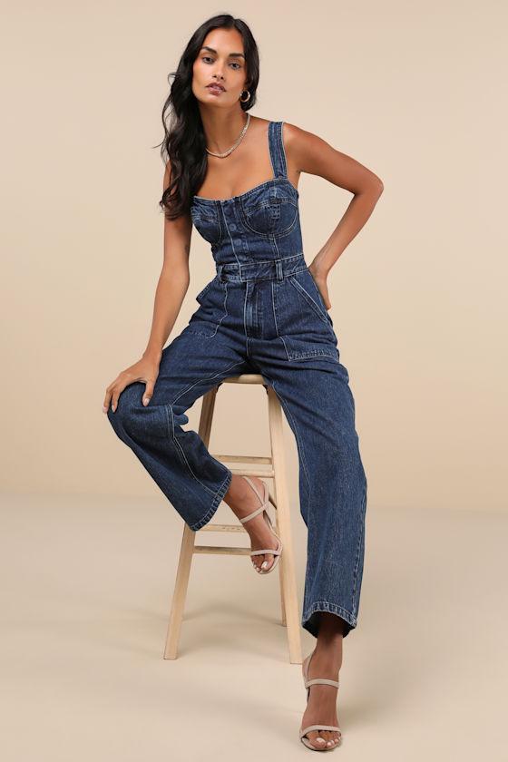 Fresh Perfection Dark Wash Bustier Sleeveless Denim Jumpsuit Product Image