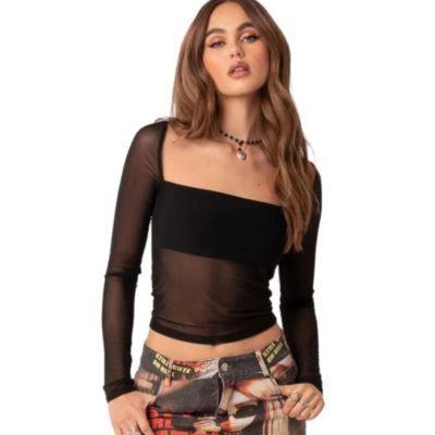 Womens Long Sleeve Square Neck Mesh Top Product Image