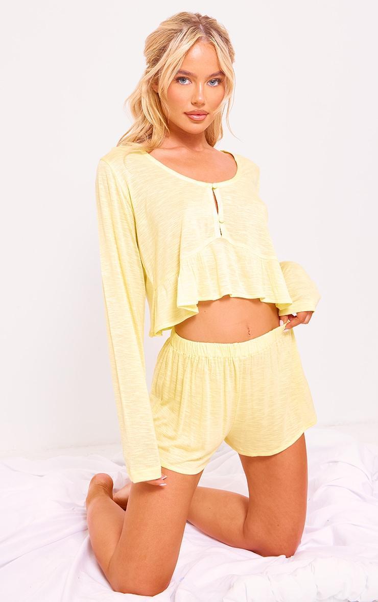 Lemon Long Sleeve Button Frill Top And Short PJ Set Product Image