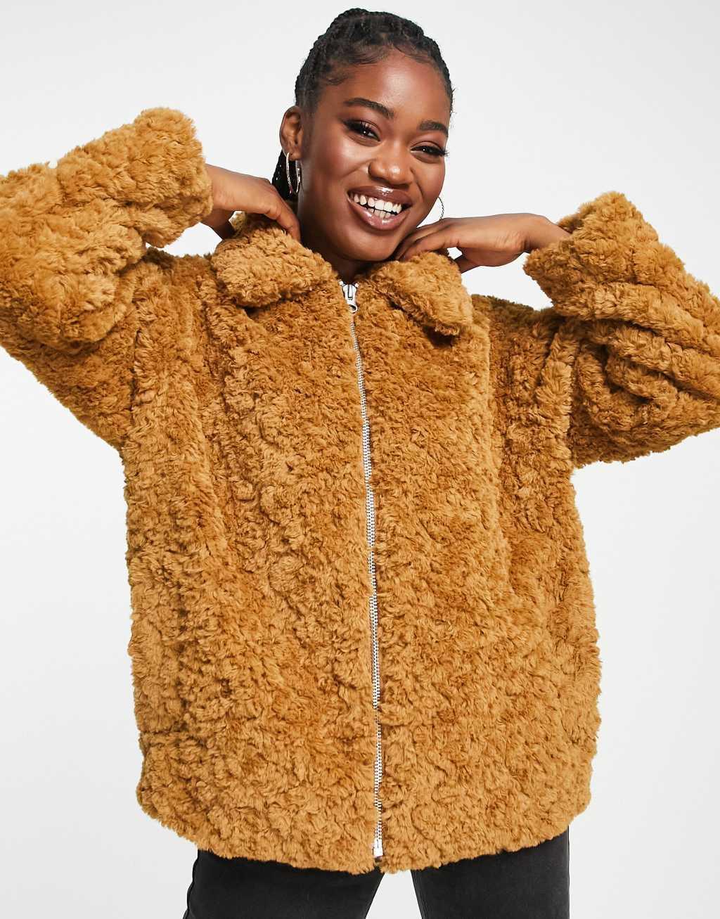 Monki curly faux fur boxy jacket in brown Product Image