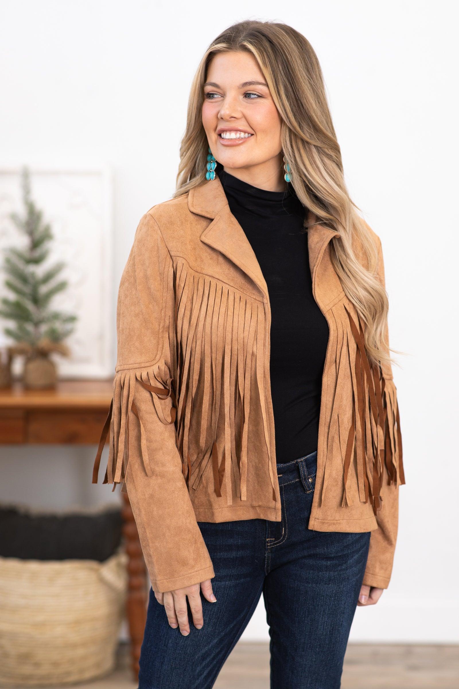 Camel Vegan Suede Jacket With Fringe Product Image