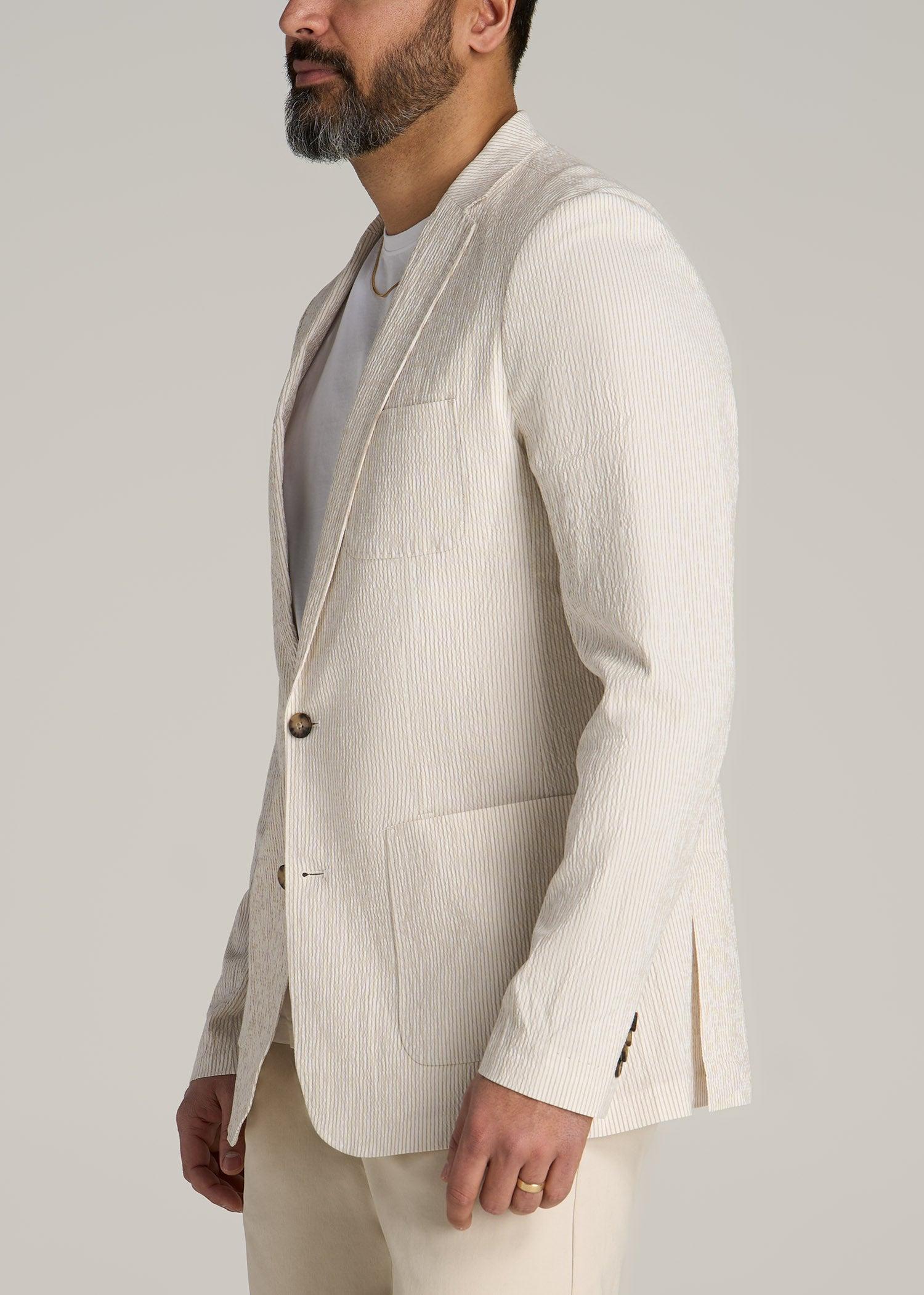 Stretch Seersucker Blazer for Tall Men in Off White and Beige Stripe Product Image