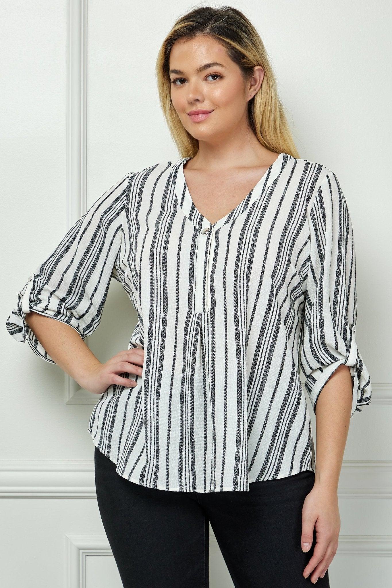 Ivory 3/4 Button Tab Sleeve V Neck Popover - Plus Product Image