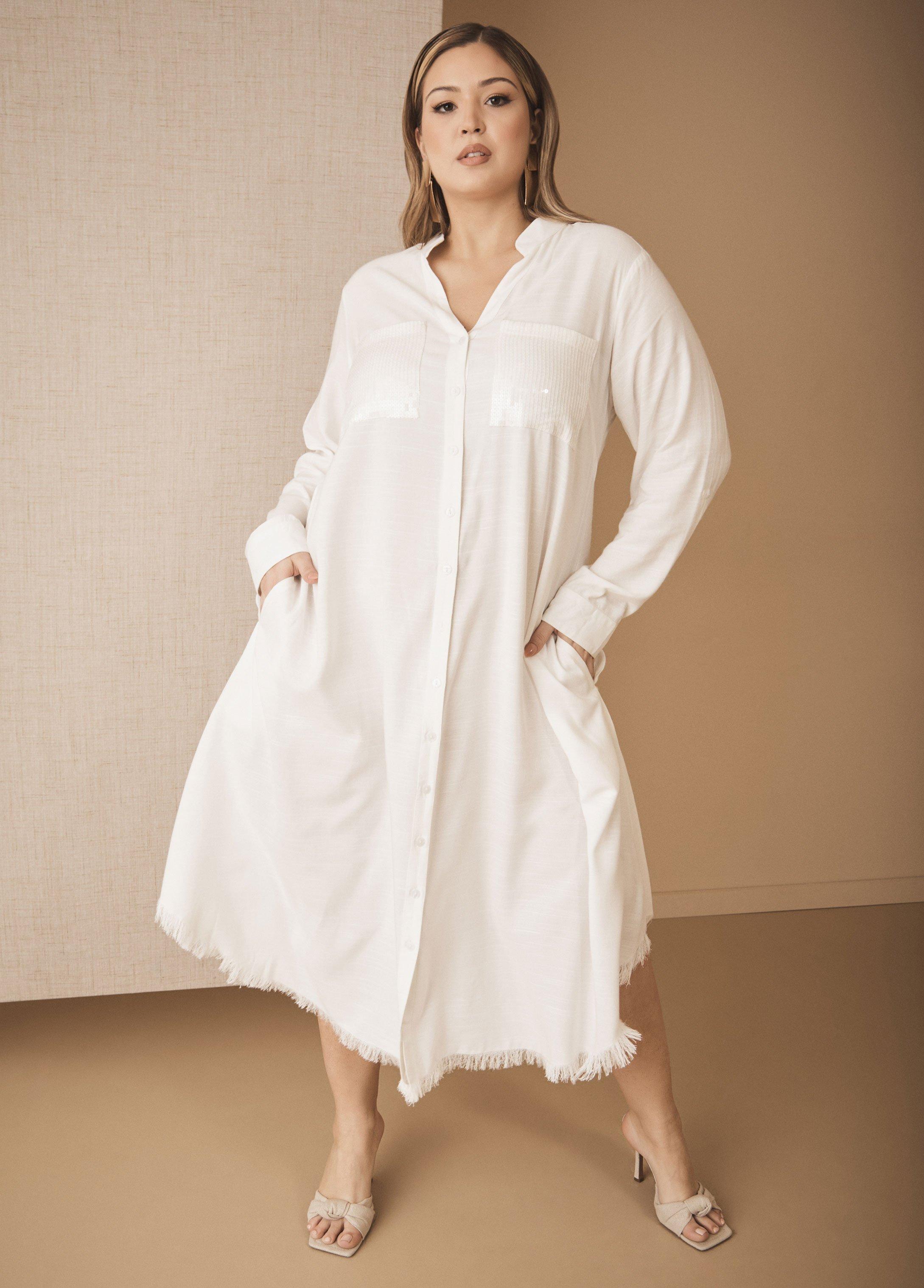 Plus Size Sequined Slub Woven Shirtdress, - Ashley Stewart Product Image