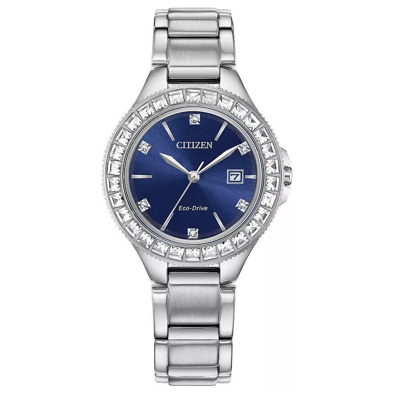 Citizen Womens Eco-Drive Silhouette Crystal Bezel Stainless Steel Blue Dial Bracelet Watch - FE1190-53L Silver Product Image