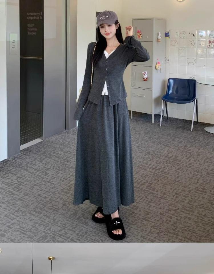 Set: Long-Sleeve V-Neck Mock Two Piece Top + Mid Rise Plain Maxi A-Line Skirt Product Image