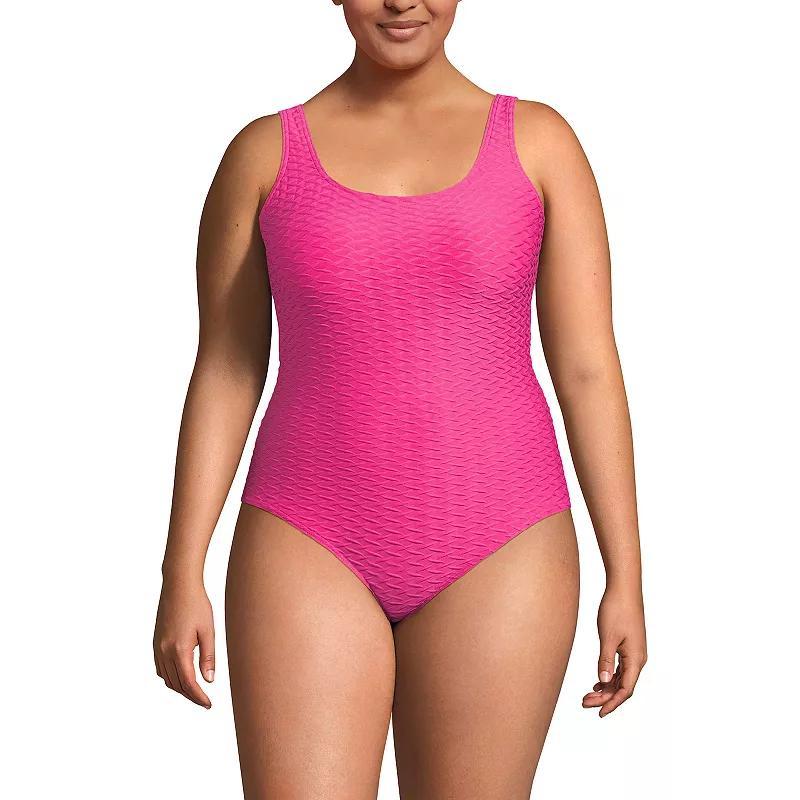 Plus Size Lands End Jacquard Scoopneck Sporty Tugless High Leg One-Piece Swimsuit, Womens Product Image