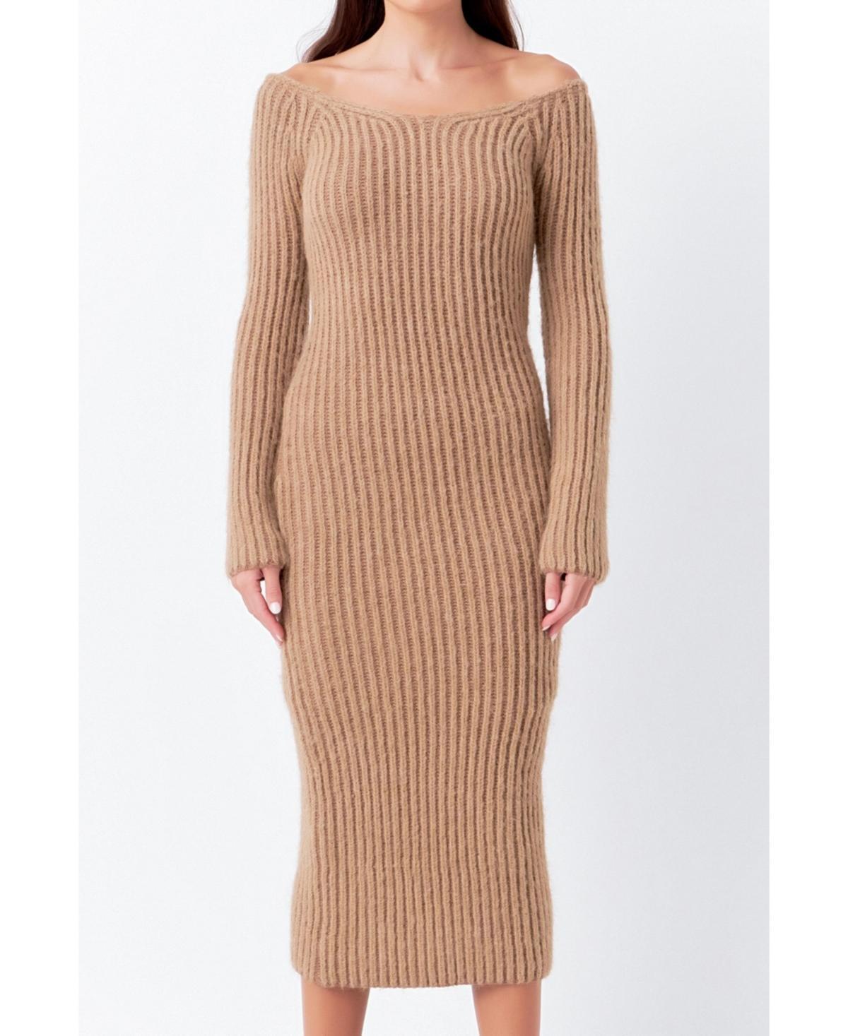 Endless Rose Long Sleeve Off the Shoulder Rib Midi Sweater Dress Product Image