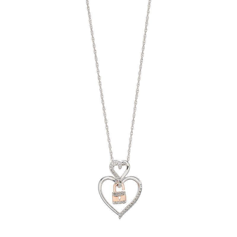 Two Tone Sterling Silver 1/10 Carat T.W. Diamond Heart & Lock Pendant Necklace, Womens Product Image