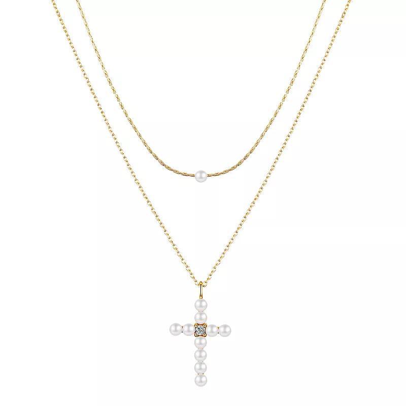 Gratitude & Grace Simulated Pearl & Cubic Zirconia Cross Layered Pendant Necklace, Womens Gold Tone Product Image