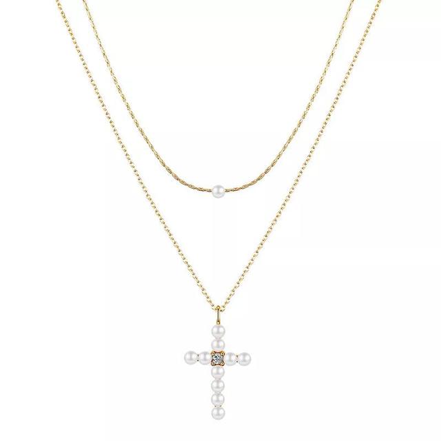 Gratitude & Grace Simulated Pearl & Cubic Zirconia Cross Layered Pendant Necklace, Womens Gold Tone Product Image