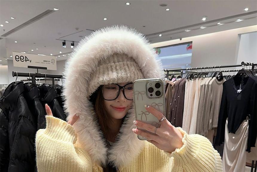 Fluffy Trim Hooded Open Front Cardigan Product Image