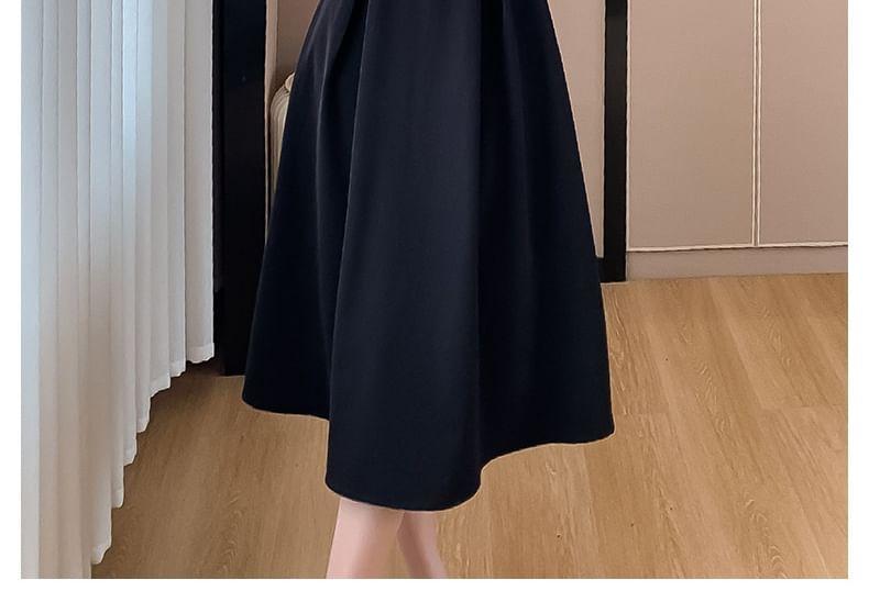 Long-Sleeve Contrast Collar Button-Up Midi A-Line Dress Product Image