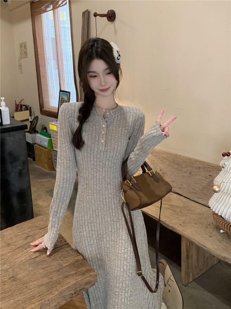 Long-Sleeve Henley Melange Ribbed Midi A-Line Knit Dress Product Image