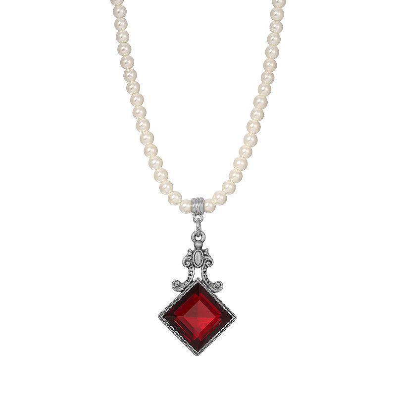 1928 Pewter Simulated Pearl Square Drop Necklace, Womens, Red Product Image