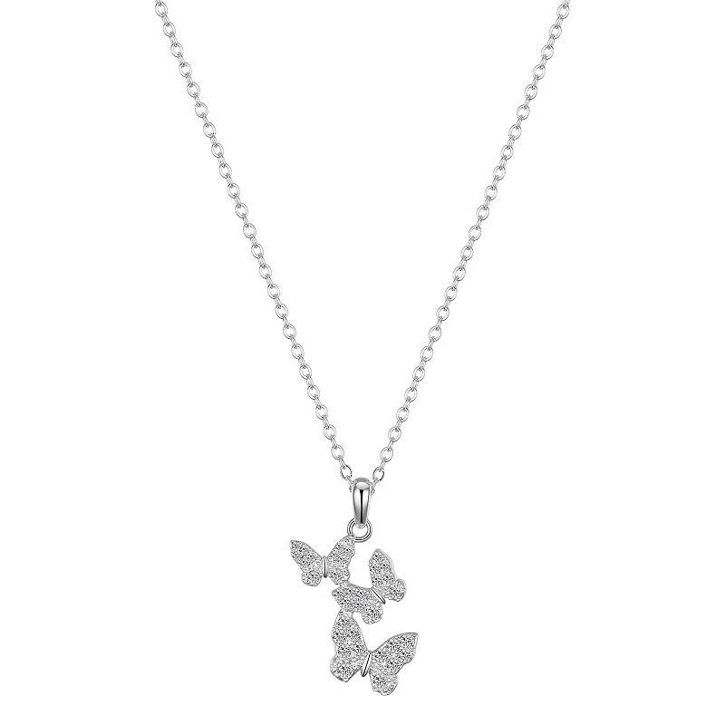 Brilliance Fine Silver Cubic Zirconia Triple Butterfly Pendant Necklace, Womens Silver Tone Product Image