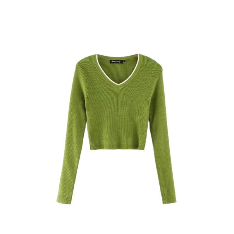 V-Neck Contrast Trim Crop Sweater Product Image