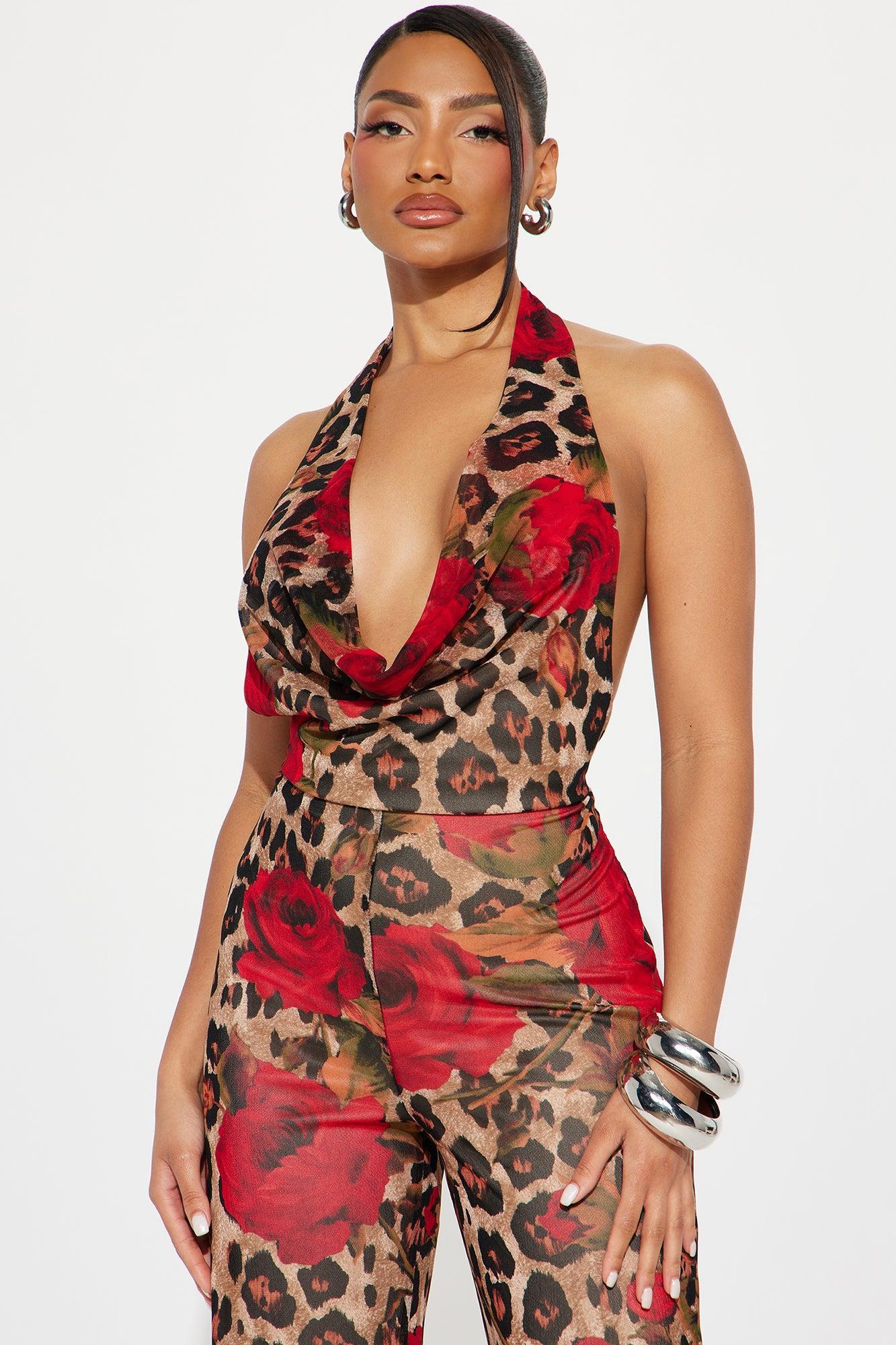 Leopard Rose Cowl Neck Jumpsuit  - Brown/combo Product Image