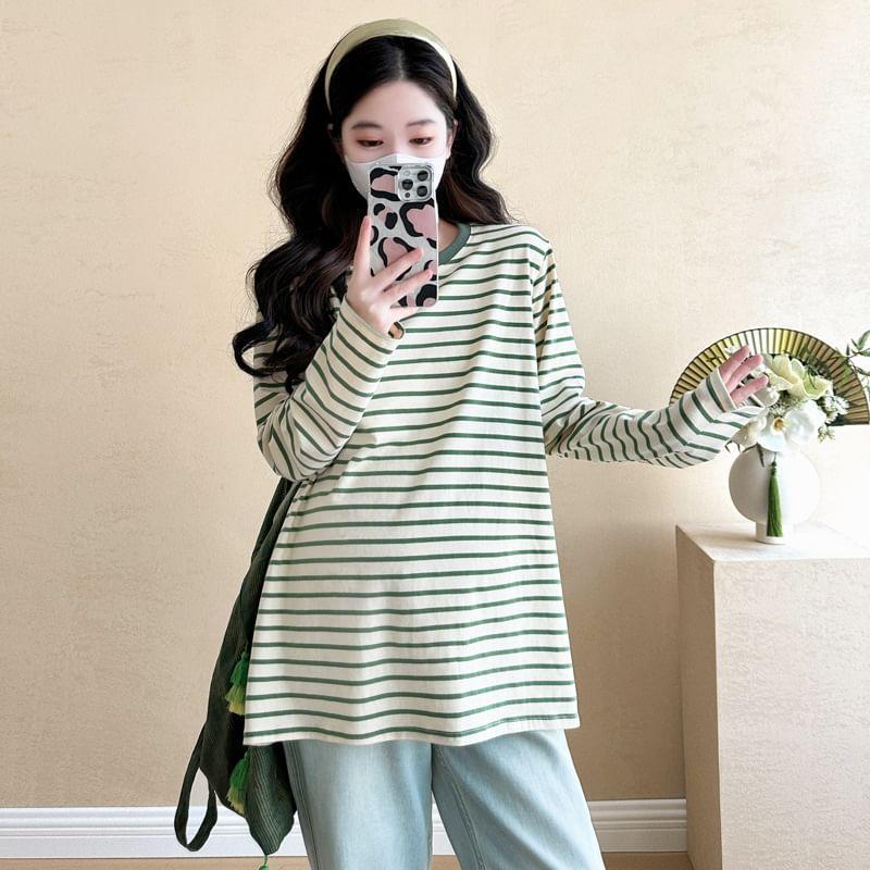 Maternity Long Sleeve Crew Neck Striped Tee Product Image