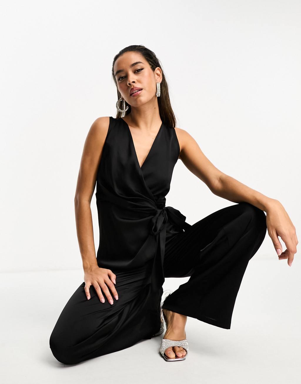 TFNC satin wrap jumpsuit in black  Product Image