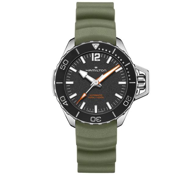 Hamilton Mens Swiss Automatic Khaki Navy Frogman Green Rubber Strap Watch 41mm Product Image