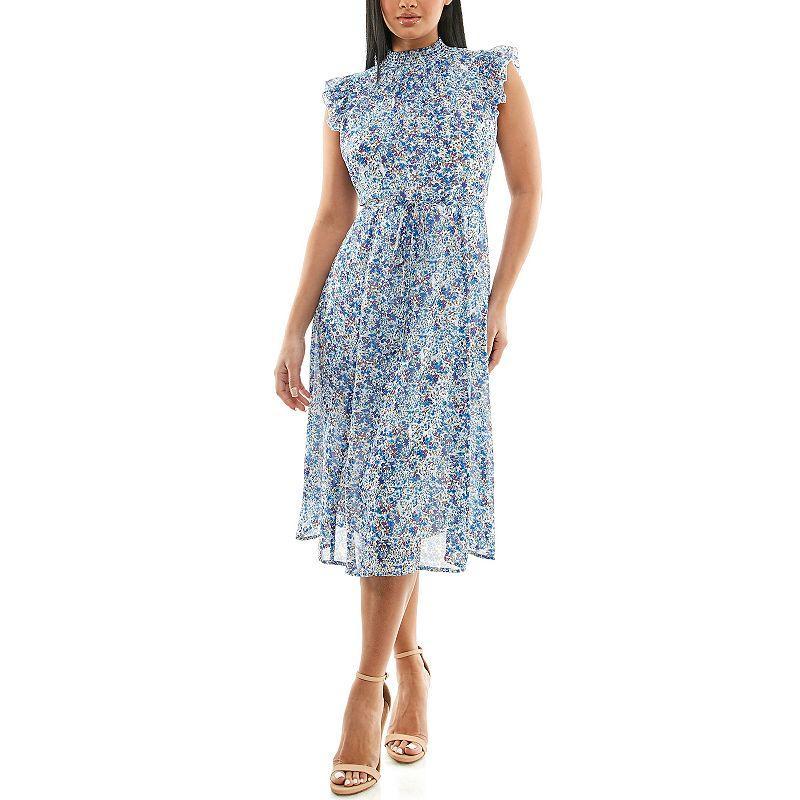 Womens Nina Leonard Smocked Flutter Sleeve Print Dress Rust Blue Team Product Image