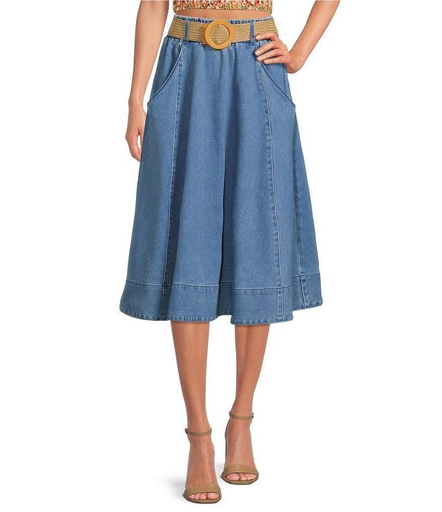 A Loves A Denim High Elastic Waist Belted A-Line Midi Skirt Product Image