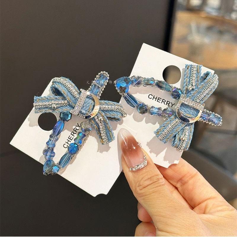 Rhinestone Bow Denim Hair Clip Product Image