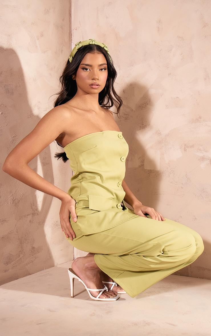 Olive Woven Bandeau Button Detail Tailored Wide Leg Jumpsuit Product Image