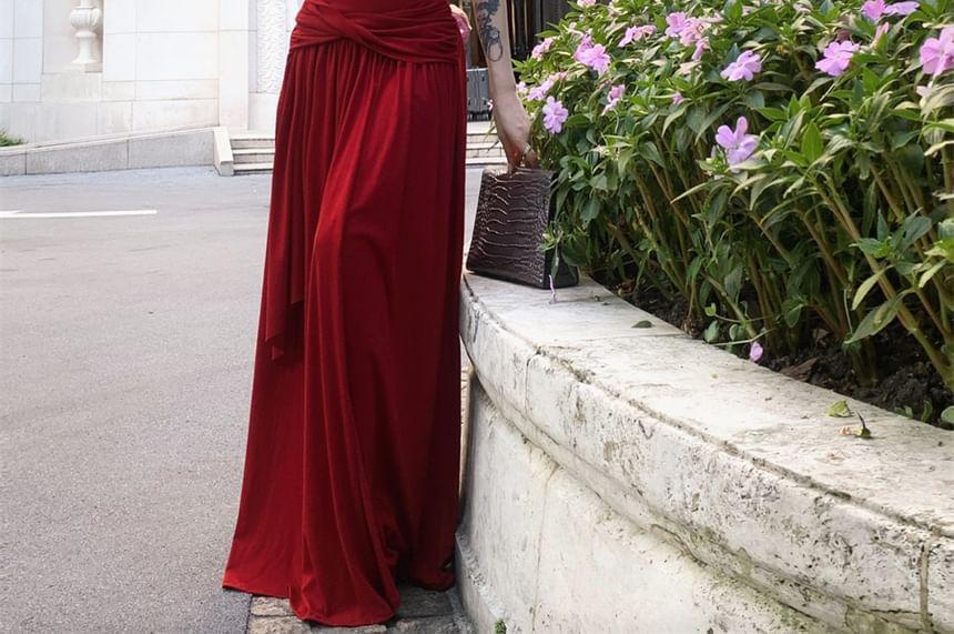 Sleeveless One Shoulder Plain Ruched Maxi A-Line Dress Product Image