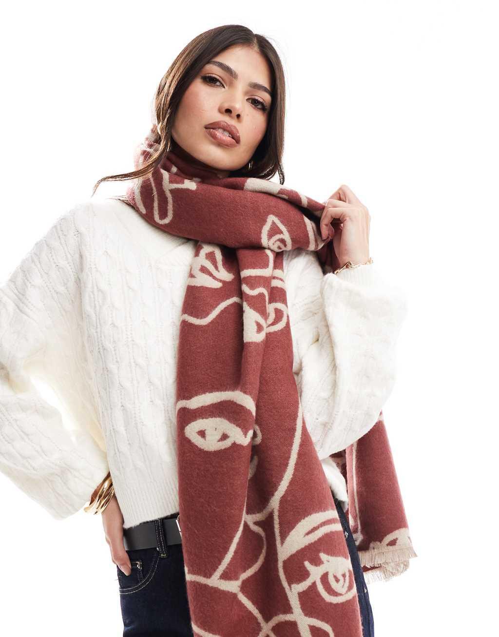 ASOS DESIGN abstract face jacquard woven scarf in burgundy and dusky pink product image