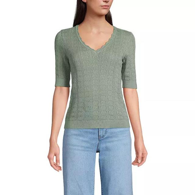 Womens Lands End Heirloom Pointelle Elbow Sleeve V-Neck Sweater Product Image