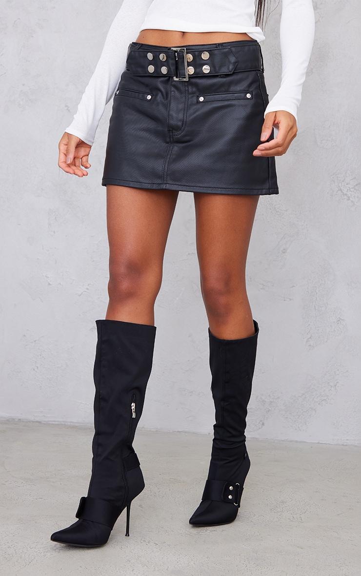 Black Statement Belt Coated Denim Mini Skirt Product Image