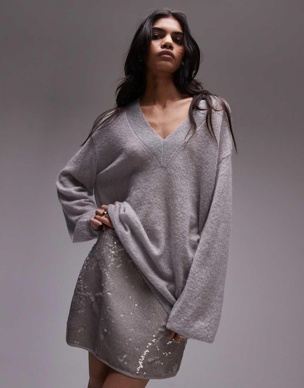 Topshop premium knitted fine gauge mohair v neck relaxed sweater in light gray Product Image