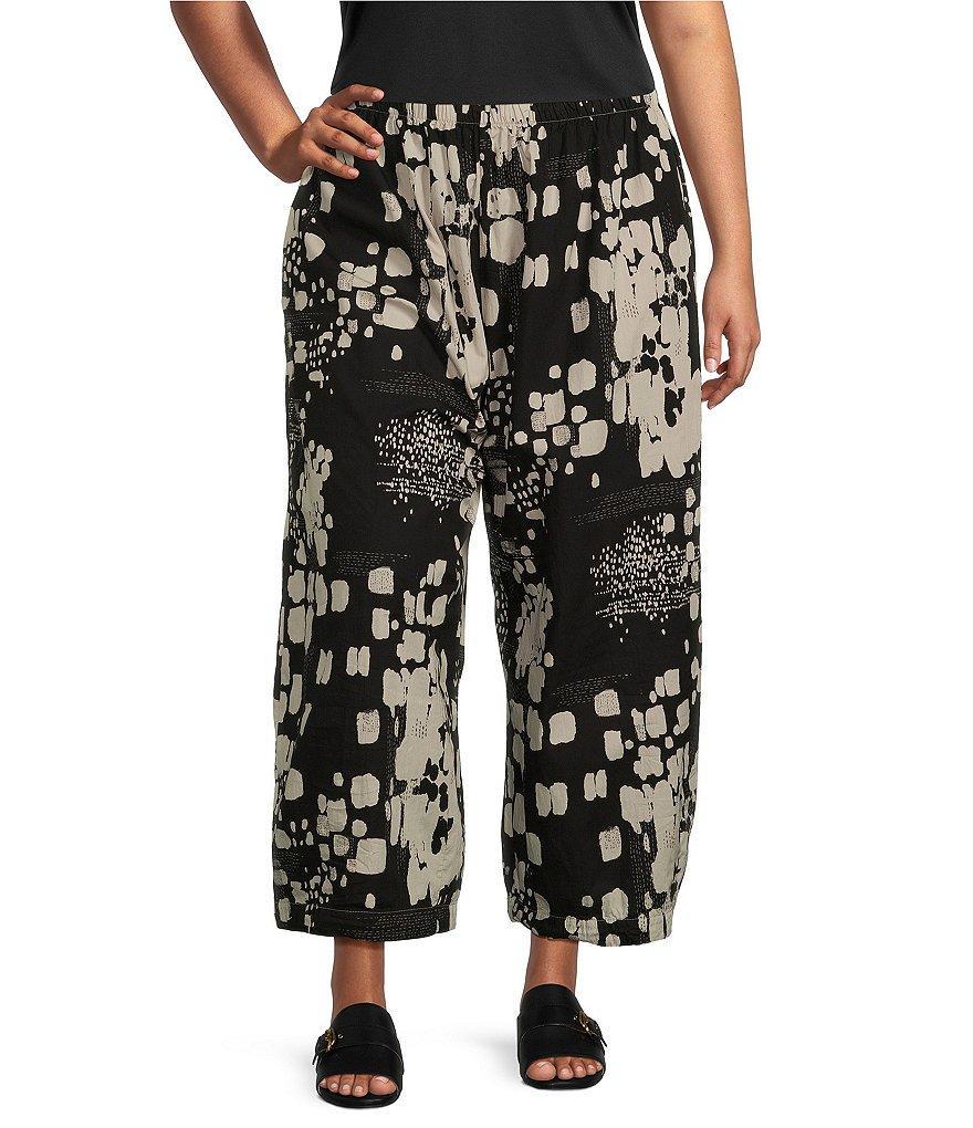 Bryn Walker Plus Size Organic Cotton Poplin Printed Wide-Leg Cropped Pull-On Pants Product Image